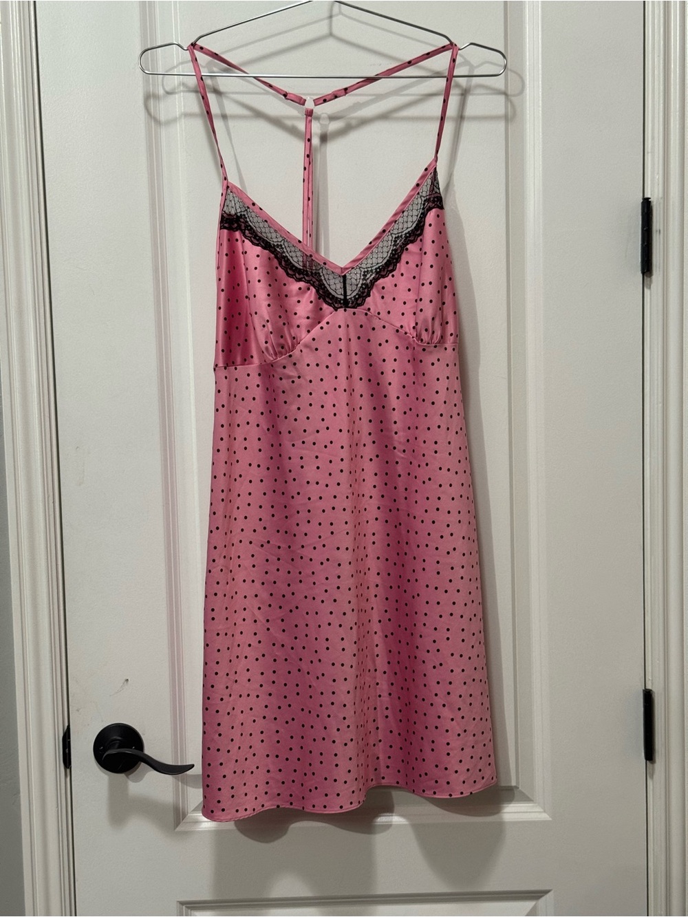 Pink Polka Dot Satin Chemise with Black Lace Trim size XL Pit 21”